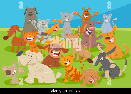 Cartoon Hunde und Katzen Comic Tier Charaktere Gruppe Stock Vektor