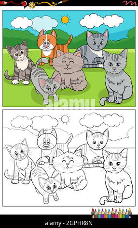 Cartoon lustige Katzen Zeichen Malbuch Seite Stock Vektor