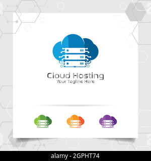 Logo-Vektor-Design für Cloud-Hosting mit Darstellung von Server- und Cloud-Symbolen für Hosting-Provider, Server-Rack und gemeinsamen Speicher. Stock Vektor