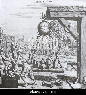 Otto von Guericke. Luftdruckexperiment. Mittelalterliche Gravur. Otto von Guerickes Demonstration der Kraft des Luftdrucks, Regensburg, 1654. Eine Plattform wurde vom Boden einer evakuierten Kugel aus zwei Kupfer-Hemisphären aufgehängt, und es wurden immer mehr Gewichte darauf gelegt. Aus von Guerickes Experimenta Nova (ut vocantur) Magdeburgica de vacuo Spatio ('Neue Magdeburger Experimente über das Vakuum'), 1672. Stockfoto