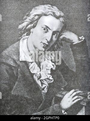 Johann Christoph Friedrich (von) Schiller (1759-1805) war ein deutscher Dramatiker, Dichter und Philosoph. In den letzten siebzehn Jahren seines Lebens (1788-1805) entwickelte Schiller eine produktive, wenn auch komplizierte Freundschaft mit dem bereits berühmten und einflussreichen Johann Wolfgang von Goethe. Sie diskutierten häufig über Fragen der Ästhetik, und Schiller ermutigte Goethe, Arbeiten zu beenden, die er als Skizzen hinterlassen hatte. Stockfoto