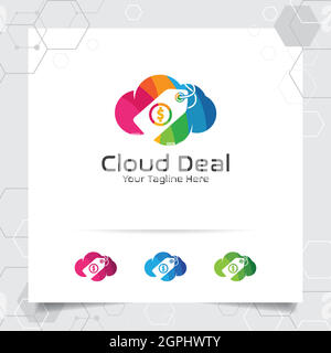 Buntes Cloud-Logo-Vektor-Design mit Konzept der Online-Shop-Illustration. Symbolvektor für Cloud und Preisschild für Unternehmen, Geschäfte, digitale Online-Shops. Stock Vektor