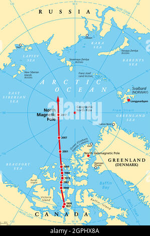 Magnetische Nordpoldrift, Bewegung des Nordmagnetpols, Karte Stock Vektor