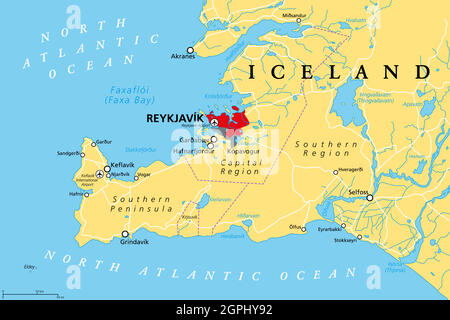 Island, Reykjavik, Hauptstadtregion und Südliche Halbinsel, politische Landkarte Stock Vektor