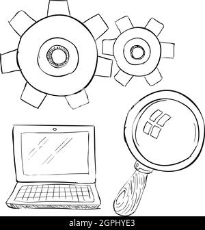 Laptop mit Lupensymbol, Hand gezeichneten Stil Stock Vektor