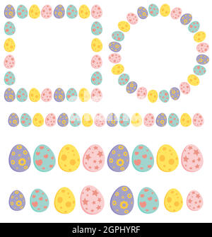 Easter Egg Frame und Trennwand Kollektion. Set leerer Feiertagsränder in Pastellfarben. Vektordarstellung auf weißem Hintergrund isoliert. Enthält Kreis-, Quadrat-, Rechteck- und Liniendesign. Stock Vektor