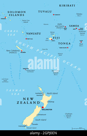 Neuseeland und Süd-Polynesien, politische Karte Stock Vektor