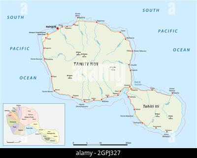 tahiti Straßen- und Verwaltungskarte, Gesellschaftsinseln, Frankreich Stock Vektor