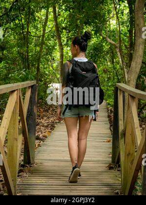 Santa Marta, Magdalena, Kolumbien - 22 2021. Mai: Asiatische junge Frau geht durch den Tayrona Park und überquert eine Holzbrücke Stockfoto