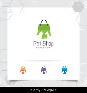 Shopping Bag Logo Design Konzept von Online-Shop-Symbol und PET-Vektor für Händler, Tierhandlung und Supermarkt verwendet. Stock Vektor