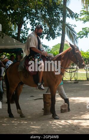 Santa Marta, Magdalena, Kolumbien - 22 2021. Mai: Ein dummes und ausbeuterisches Tier, das an einem sonnigen Tag im Tayrona Park ein trauriges Pferd reitet Stockfoto