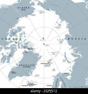 Arktische Region, polare Region um den Nordpol, graue politische Karte Stock Vektor