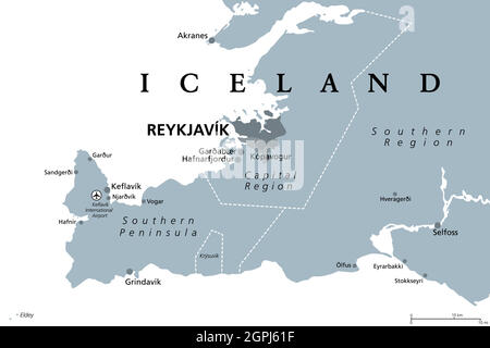 Island, Reykjavik, Capital Region und Southern Peninsula, graue politische Landkarte Stock Vektor