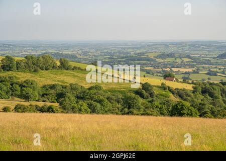 Blick über die Somerset Moors in Richtung Glastonbury von DeerleAP auf den Mendip Hills Stockfoto