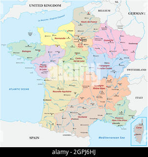 vektorkarte Frankreich mit den Regionen, Flüssen und den wichtigsten Städten Stock Vektor