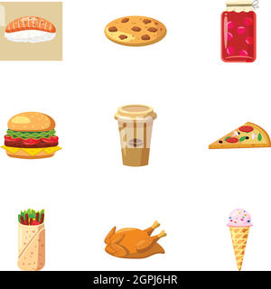 Junk-Food Icons Set, Cartoon-Stil Stock Vektor