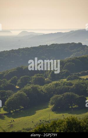 Blick über die Somerset Moors in Richtung des Flusses severn von Deersprung auf den Mendip Hills Stockfoto