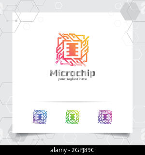 Technologie digitales Logo Vektor-Design mit Konzept von Mikrochip Symbol für Programmierer, Technologie-Community, Anwendungssoftware und Ingenieur. Stock Vektor