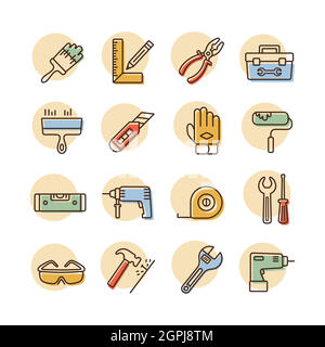 Symbole für Gebäude-, Bau- und Hausreparaturwerkzeuge Stock Vektor
