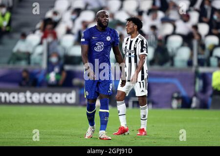 Turin, Italien. September 2021. Romelu Lukaku vom FC Chelsea sieht am 29. September 2021 in Turin, Italien, beim UEFA Champions League Group H-Spiel zwischen Juventus FC und Chelsea FC im Allianz Stadium niedergeschlagen aus. Quelle: Marco Canoniero/Alamy Live News Stockfoto