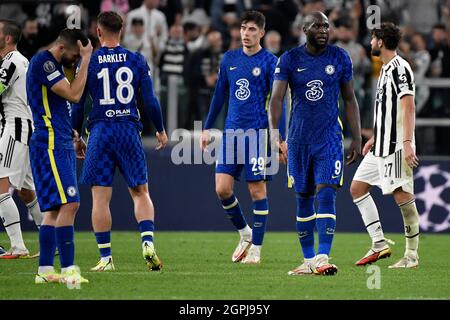 Turin, Italien. September 2021. Der Kampf der Chelsea-Spieler am Ende des UEFA Champions League-Fußballspiels der Gruppe H zwischen dem FC Juventus und Chelsea im Juventus-Stadion in Turin (Italien), 29. September 2021. Foto Andrea Staccioli/Insidefoto Kredit: Insidefoto srl/Alamy Live News Stockfoto