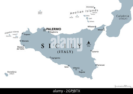 Sizilien, autonome Region Italiens, graue politische Landkarte Stock Vektor