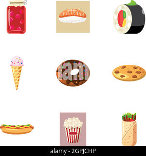 Fast-Food Icons Set, Cartoon-Stil Stock Vektor