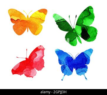 Aquarell-Illustrationen von schönen bunten Silhouetten von Schmetterlingen. Insektenfallen. Aquarell-Blots, Schmetterlinge. Isoliert auf Weiß. Hand-dr Stockfoto