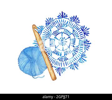 Aquarell-Illustration eines blauen Deckchen-Häkelchens und Skein. Handwerk, Kreativität, Handwerk für Tapetendesign, Verpackung, Wrapper, Cover, Stoff Hintergrund Stockfoto
