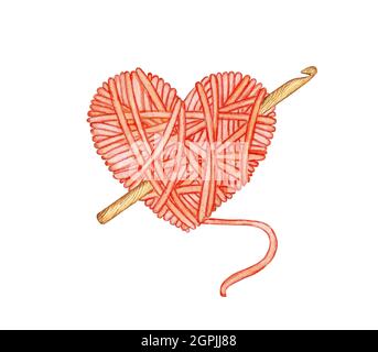 Aquarell-Illustration einer roten Wollkugel in Form eines Herzens mit einem Häkel darin. Liebe zum Stricken, Kreativität, Handwerk, Logo, Banner, d Stockfoto