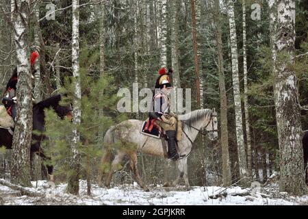 Borissow, Weißrussland - 25. November 2018: Historischer Wiederaufbau die Schlacht von Beresina im napoleonischen Krieg zwischen russischen und französischen Armeen im Jahr 1812. Cros Stockfoto