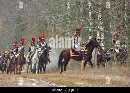 Borissow, Weißrussland - 25. November 2018: Historischer Wiederaufbau die Schlacht von Beresina im napoleonischen Krieg zwischen russischen und französischen Armeen im Jahr 1812. Ende Stockfoto