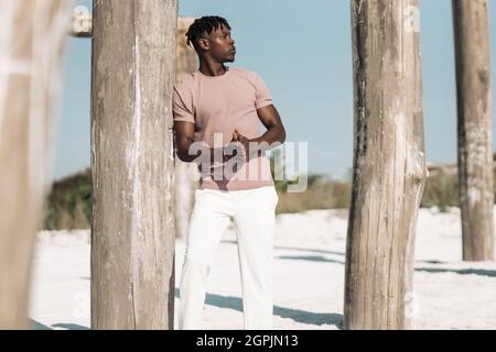 Schöner modischer muskulöser afroamerikanischer Mann, in lässiger Kleidung, posiert zur Seite, afrikanisches Modell in Wüstenlandschaft in der Nähe von hölzernen pilla Stockfoto