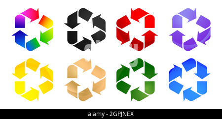 8 Recycle Icon Colors Set, Set von Formen, mit isolierten weißen Hintergründen. Anwendbar für Produktverpackungen auf Industrie-Label und symbolische Natur. Stock Vektor