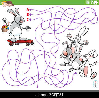 Pädagogische Labyrinth-Spiel mit Cartoon Osterhase auf Skateboard Stock Vektor