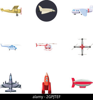 Fliegende Fahrzeuge Icons Set, Cartoon-Stil Stock Vektor