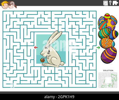 Labyrinth pädagogisches Spiel mit Cartoon Osterhase und Eier Stock Vektor