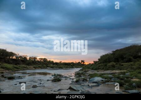 Seichte Flussüberquerung in der Masai Mara, Kenia, gesehen am Nachmittag, die den Sonnenuntergang genießt Stockfoto