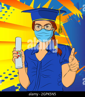 Graduation Mädchen trägt Gesichtsmaske und Brille hält ihr Diplom mit Daumen nach oben Hand Zeichen. Stock Vektor