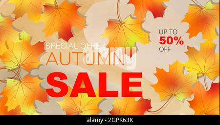 Herbst Verkauf Design Banner Layout. Helles, farbenfrohes, realistisches Herbstlaub in warmen Farbtönen. Saisonaler Hintergrund für Shopping-Verkauf oder Promo-Poster, Stock Vektor
