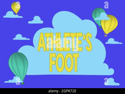 Textschild mit der Aufschrift Athlete S is Foot. Wort für eine Pilzinfektion des Fußes, die durch Blasen markiert ist Heissluftballon Illustration Fliegende Wolken erreichen Neu Stockfoto