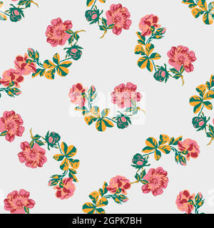 Hand gezeichnet Blumen Rosen Zweig, Blätter nahtlose Muster abstrakt Hintergrund Tapete. Linienkunst botanische Illustration. Florale Wandkunst Vektor-Illustration in trendigen Farben rosa Grafik-Design-Druck Stock Vektor