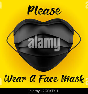 Bitte tragen Sie eine Maske Danke Warnschild mit einer Gesichtsmaske Form und Herz-Symbol. Vektorbild. Schwarze Maske auf gelbem Hintergrund Stock Vektor