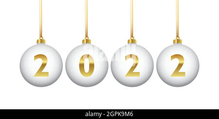 goldfarbene weihnachtskugeln 2022 isoliert auf Weiß Stock Vektor