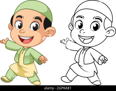 Cute Happy Muslim Boy präsentieren etwas mit Linie Kunst Zeichnung, Kinder, Vektor-Charakter Illustration Maskottchen in isolierten weißen Hintergrund. Stock Vektor