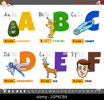 Pädagogische Cartoon Alphabet Buchstaben für Kinder von A bis F Stock Vektor