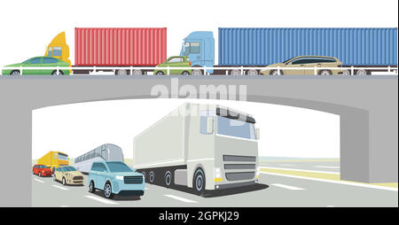 Autobahnbrücke mit LKW, Bus und PKW Stock Vektor