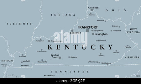 Kentucky, KY, graue politische Karte, Bluegrass State, Southeastern US State Stock Vektor