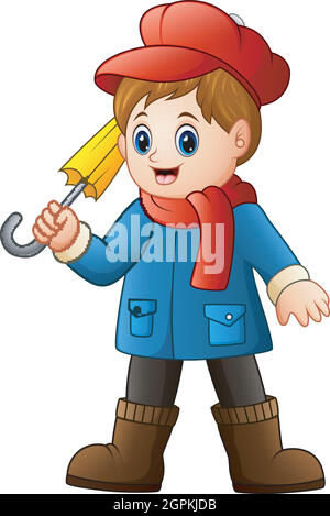 Cartoon Junge in blauem Mantel mit Regenschirm Illustration Stock Vektor