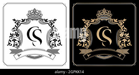 CS Royal Emblem mit Krone, Satz von schwarzen und weißen Etiketten, Anfangsbuchstaben und grafische Namensrahmen Rand von floralen Designs, CS Monogramm, für Insignien, Anfangsbuchstabenrahmen Rand, Hochzeitspaar Namen Stock Vektor